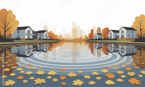 Vibrant autumn scene showcases modern suburban homes reflected in a serene water body with falling leaves and a distant city skyline