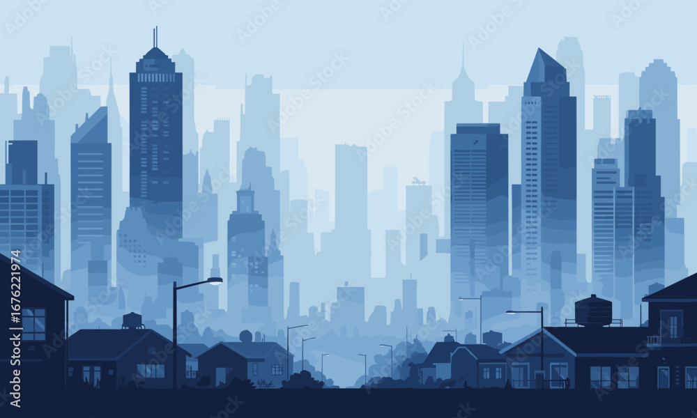 Naklejka premium Vast urban skyline with towering modern skyscrapers and suburban homes, evoking a sense of city growth and residential life