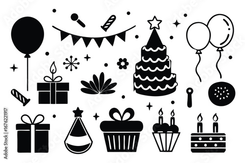 Celebration and party silhouette icon set – filled style festive, event, and birthday symbols for joyful occasions: balloon, cake, gift, hat, confetti, cupcake, streamers.