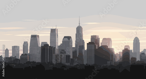 Stunning cityscape view at dawn with iconic skyscrapers bathed in soft golden sunlight, evoking urban ambition and new beginnings.
