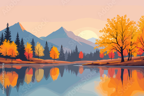 Vibrant autumn landscape with golden trees reflecting in a tranquil lake at sunset, majestic mountains in the distance