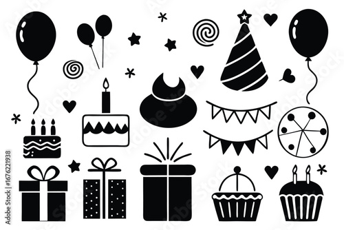 Celebration and party silhouette icon set – filled style festive, event, and birthday symbols for joyful occasions: balloon, cake, gift, hat, confetti, cupcake, streamers.