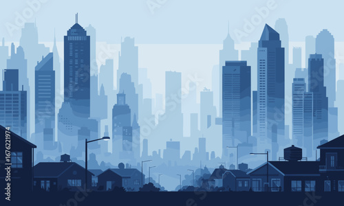 Vast urban skyline with towering modern skyscrapers and suburban homes, evoking a sense of city growth and residential life