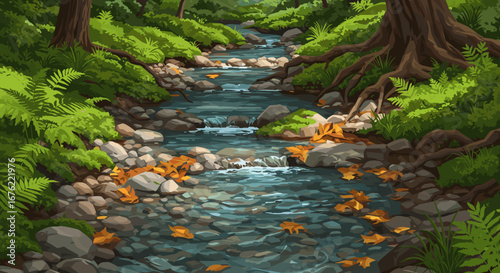 Serene forest stream cascades over mossy rocks, adorned with fallen autumn leaves, creating a peaceful, natural woodland scene