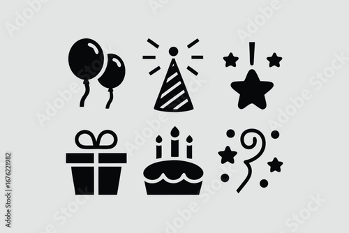 Celebration and party silhouette icon set – filled style festive, event, and birthday symbols for joyful occasions: balloon, cake, gift, hat, confetti, cupcake, streamers.