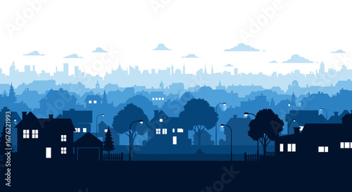 Serene suburban neighborhood glows under twilight sky with distant city skyline creating a peaceful urban panorama perfect for dreaming