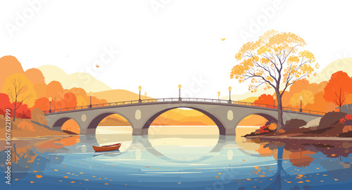 Serene autumn landscape unfolds with a graceful arched bridge, vibrant foliage, and a tranquil lake reflecting golden hour beauty