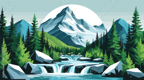 Majestic snow-capped mountain vista with a vibrant forest and cascading river, evoking natural beauty and adventure