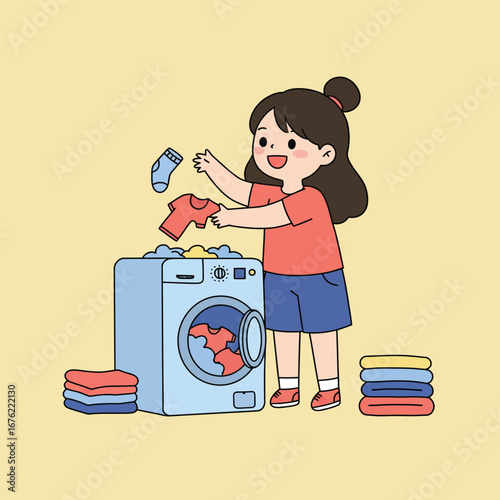 A girl happily putting laundry into a washing machine.