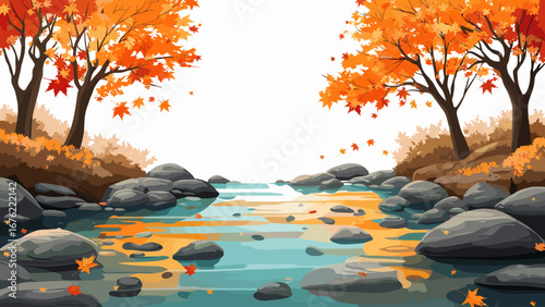 Vibrant autumn scene with trees shedding fiery orange leaves into a tranquil stream reflecting warm sunlight and smooth river stones