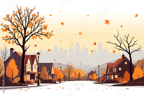 Charming autumn street scene with colorful falling leaves, cozy houses, and a distant city skyline creating a warm, inviting atmosphere for seasonal themes.