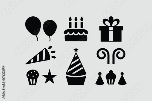 Celebration and party silhouette icon set – filled style festive, event, and birthday symbols for joyful occasions: balloon, cake, gift, hat, confetti, cupcake, streamers.