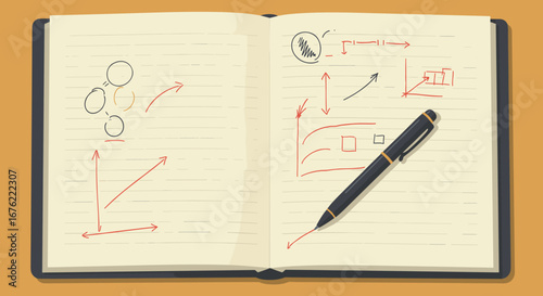 Business plan development with insightful notes and charts sketched in a notebook, pen ready for strategy creation