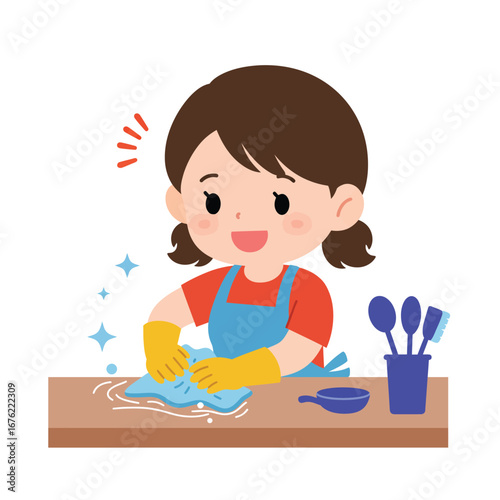 Cheerful Girl in Apron Cleaning with a Cloth Happy Expression.