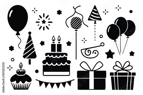 Celebration and party silhouette icon set – filled style festive, event, and birthday symbols for joyful occasions: balloon, cake, gift, hat, confetti, cupcake, streamers.
