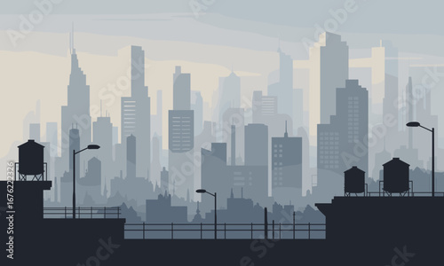 Misty urban skyline panorama with silhouetted water towers and streetlights creating a serene, atmospheric city view.