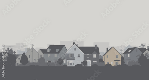 Serene suburban street scene with charming houses and trees under a muted sky, evoking peaceful neighborhood living and community.