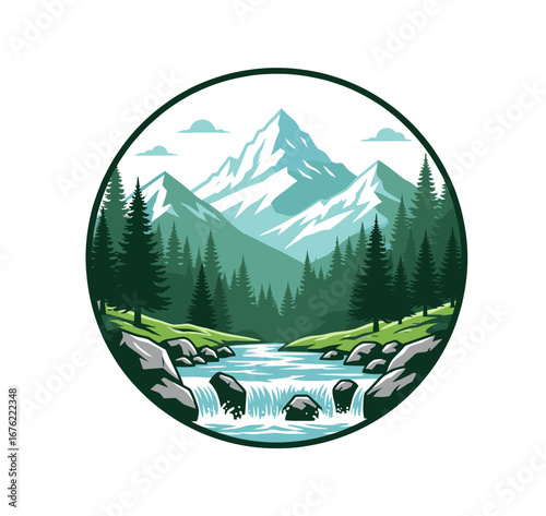 Serene mountain landscape with a flowing river and lush pine forest, evoking adventure and natural beauty.