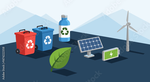 Embrace sustainable living with recycling bins, solar power, wind energy, and a charged battery for a greener future