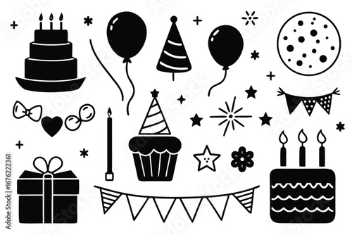 Celebration and party silhouette icon set – filled style festive, event, and birthday symbols for joyful occasions: balloon, cake, gift, hat, confetti, cupcake, streamers.