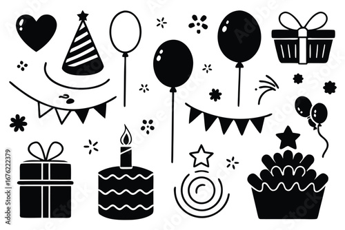 Celebration and party silhouette icon set – filled style festive, event, and birthday symbols for joyful occasions: balloon, cake, gift, hat, confetti, cupcake, streamers.