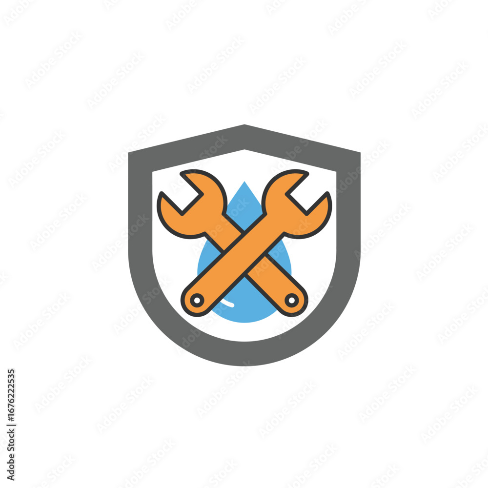 Obraz premium Plumbing Service Icon Crossed Wrenches and Water Drop in Shield.
