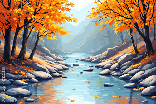 Vibrant autumn forest scene with a flowing river, vibrant orange foliage, and mist rolling through the mountains creating a serene and picturesque landscape.