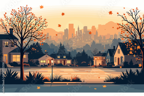 Charming suburban street scene bathed in warm autumn sunset light with falling leaves and distant city skyline