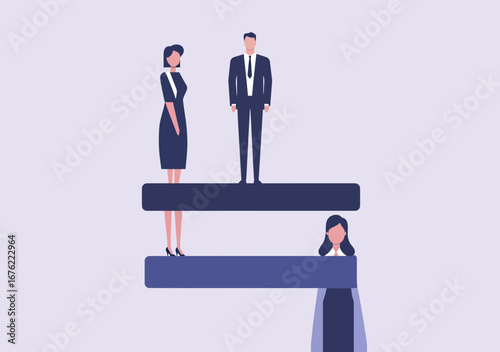 Gender inequality businesswoman below businessman unequal sign flat vector concept unequal career work opportunity discrimination social rights