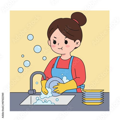 Cartoon Woman Washing Dishes in Kitchen Cute Style with Soap Suds and Stack of Plates.