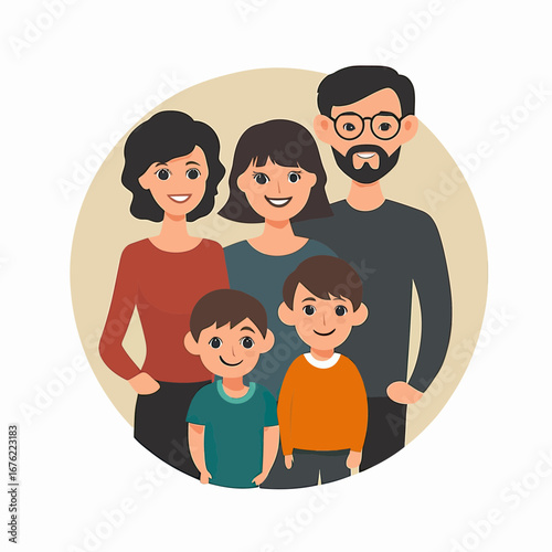 Happy smiling family portrait with two parents, two children, and one young adult in flat minimalist vector style illustration on beige background