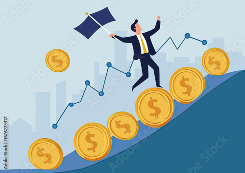 Businessman holding flag running up ascending graph line with large gold dollar coins symbolizing financial growth and investment success in cityscape background vector illustration
