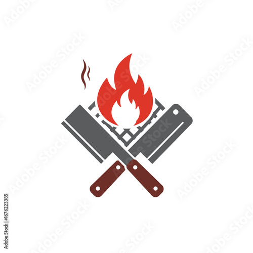 Crossed Cleavers with Fire and Smoke Barbecue Grill Logo Design.