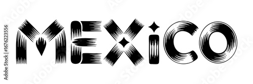Modern Black and White Mexico Typography Art – Abstract Tribal Font, Mexican Graphic Design Isolated on Transparent Background