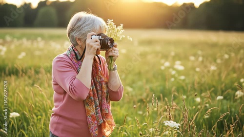 Elderly Woman Taking Photos in a Wildflower Field on a Sunny Day – Outdoor Nature Photography Concep
