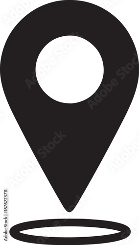 Black location pin icon with a circle inside and a ring at the base marker