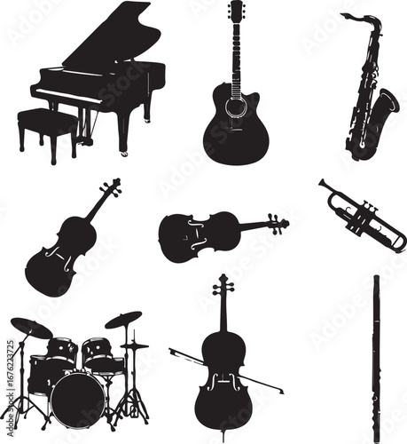 Musical Instrument Silhouettes Symphony of Sound Black and White Ensemble Orchestral Harmony Melodies Rhythmic Composition Creative Expression Timeless Artistry