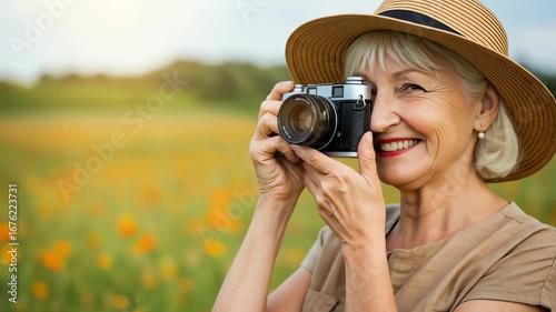 Happy elderly woman in straw hat taking photos with retro camera in blooming summer meadow
