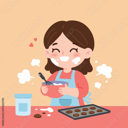 Joyful cartoon girl with flour smudges on her face wearing a blue apron and mixing cookie dough in a red bowl.