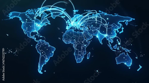 Digital world map with connectivity lines and data points  