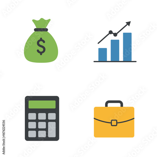 Set of four colorful flat business and finance icons including a money bag growth chart calculator and briefcase.