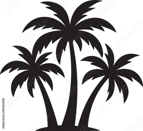 Black silhouette of three palm trees on a small mound of ground tropical island