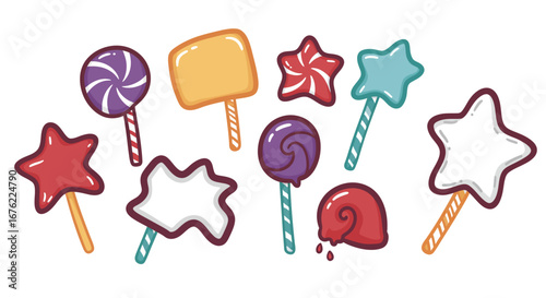 Colorful cartoon candy pops - whimsical dessert treats with stars, swirls, and popsicle shapes
