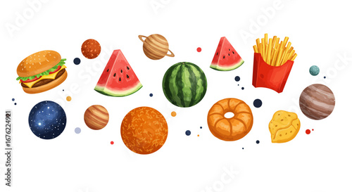 Food planets: solar system with creative culinary elements in a cartoon style