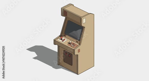 Retro isometric arcade cabinet with buttons and joystick on white background
