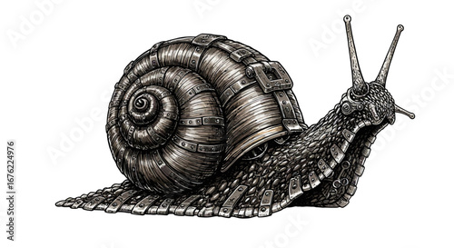 Steampunk snail artistry with intricate metal details