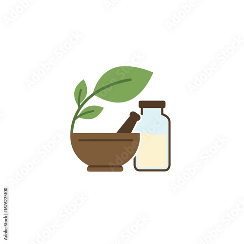 Ayurvedic medicine composition with a mortar pestle fresh herbs and a glass vial.