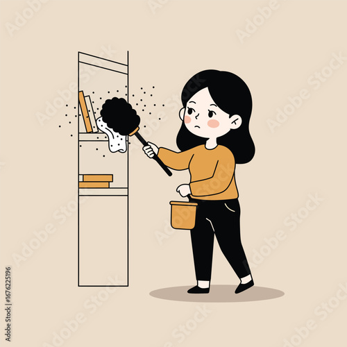 Cute cartoon woman in an orange sweater dusting a bookshelf with a feather duster looking annoyed.