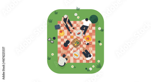 Summer picnic in the park: top view of friends enjoying outdoor gathering