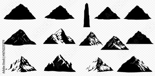 A collection of diverse mountain and rock formation silhouettes and detailed illustrations, presented in various styles against a transparent background.